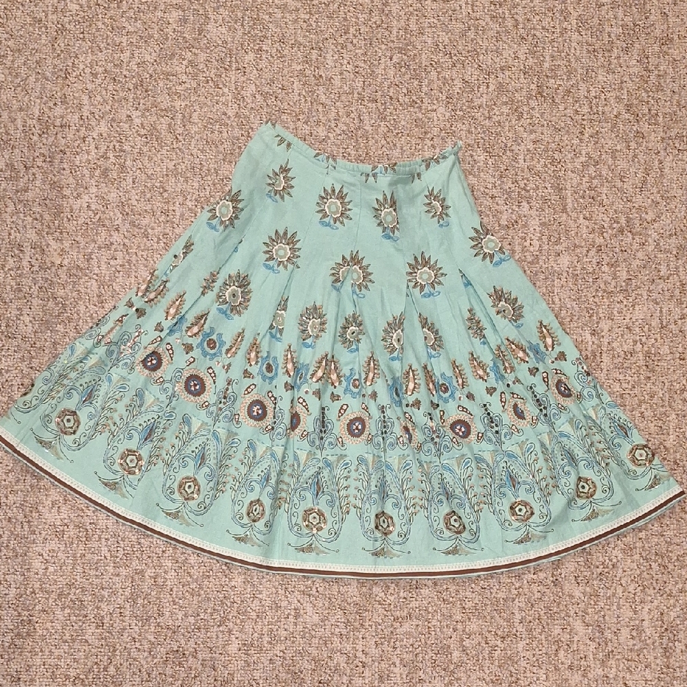 Ninety Teal Floral Boho Pleated A-Line Skirt